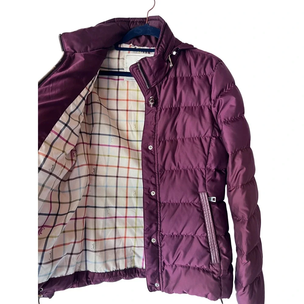 Coach Womens Burgundy Quilted Puffer Jacket Plaid Lining XS